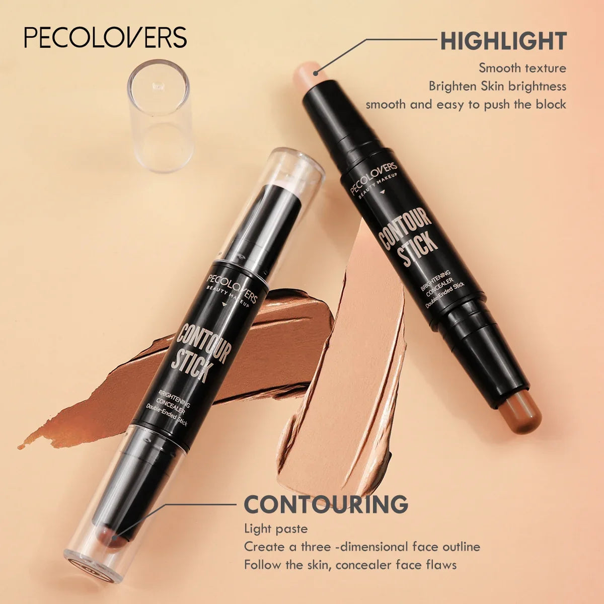 Stick illuminante per il viso a doppia estremità: fondotinta, contorno, illuminante, correttore, strumento per il trucco multiuso